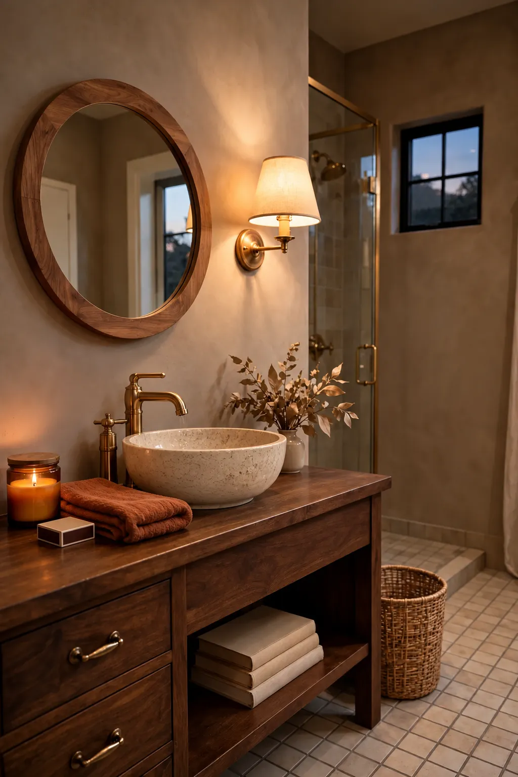 Cozy bathroom at dusk with a lit cinnamon candle in an amber jar on a dark wood vanity