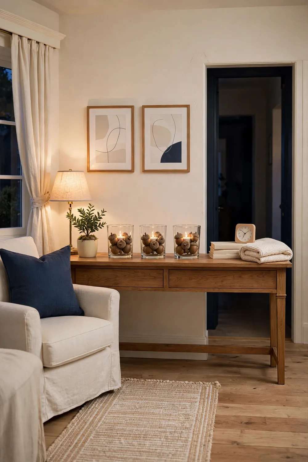 Three glass votives filled with whole acorns around glowing battery tea lights lined on a wooden console table in soft evening lamplight