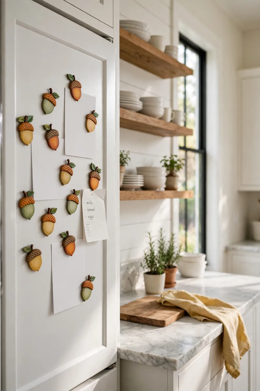 White farmhouse refrigerator door decorated with colorful painted acorn magnets holding photos and a grocery list in a bright kitchen