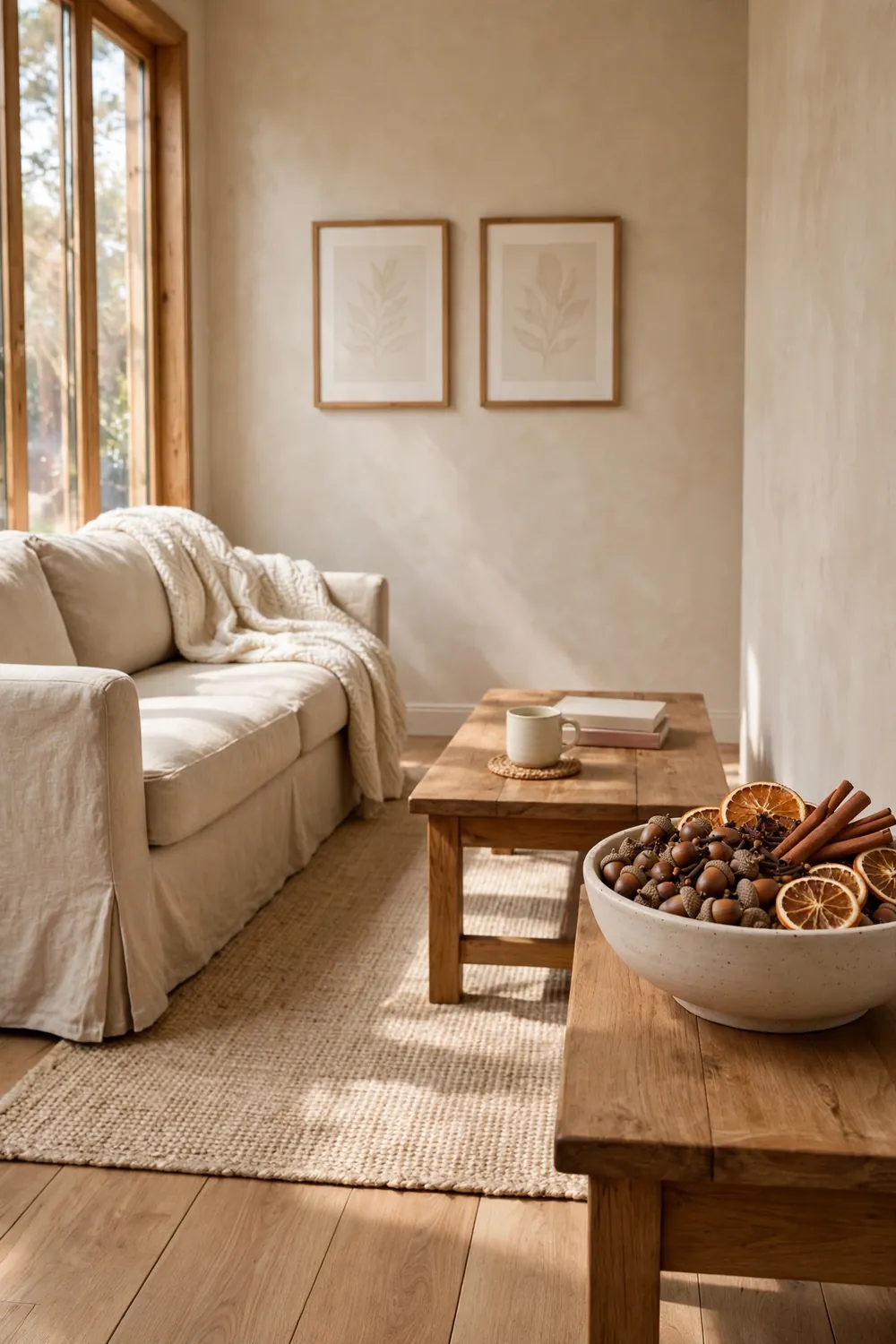 Wide ceramic bowl of dried acorns mixed with cinnamon sticks, dried orange slices, and cloves on a wood side table in a beige living room
