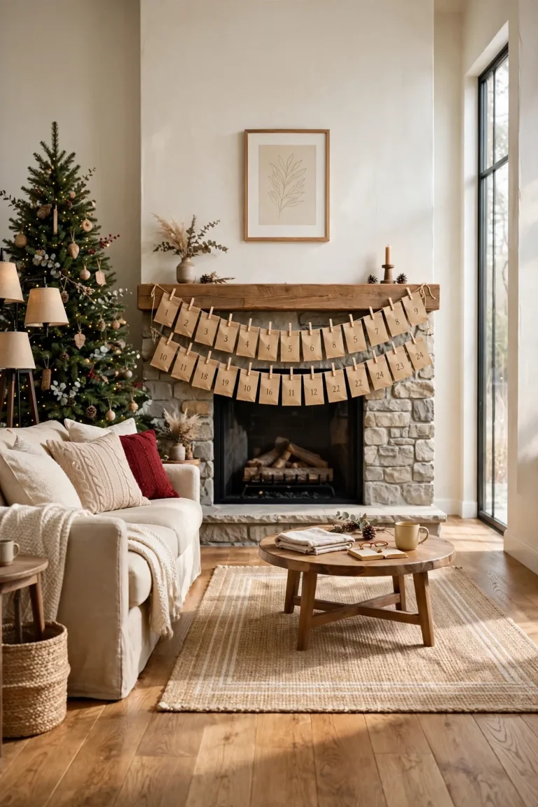 A cozy farmhouse living room with a kraft paper bag advent calendar garland across the fireplace mantel