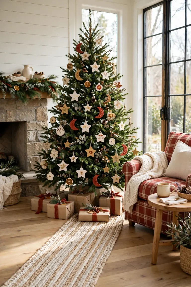 Christmas tree in a farmhouse living room decorated with handmade air dry clay ornaments in star, moon, and pressed flower shapes