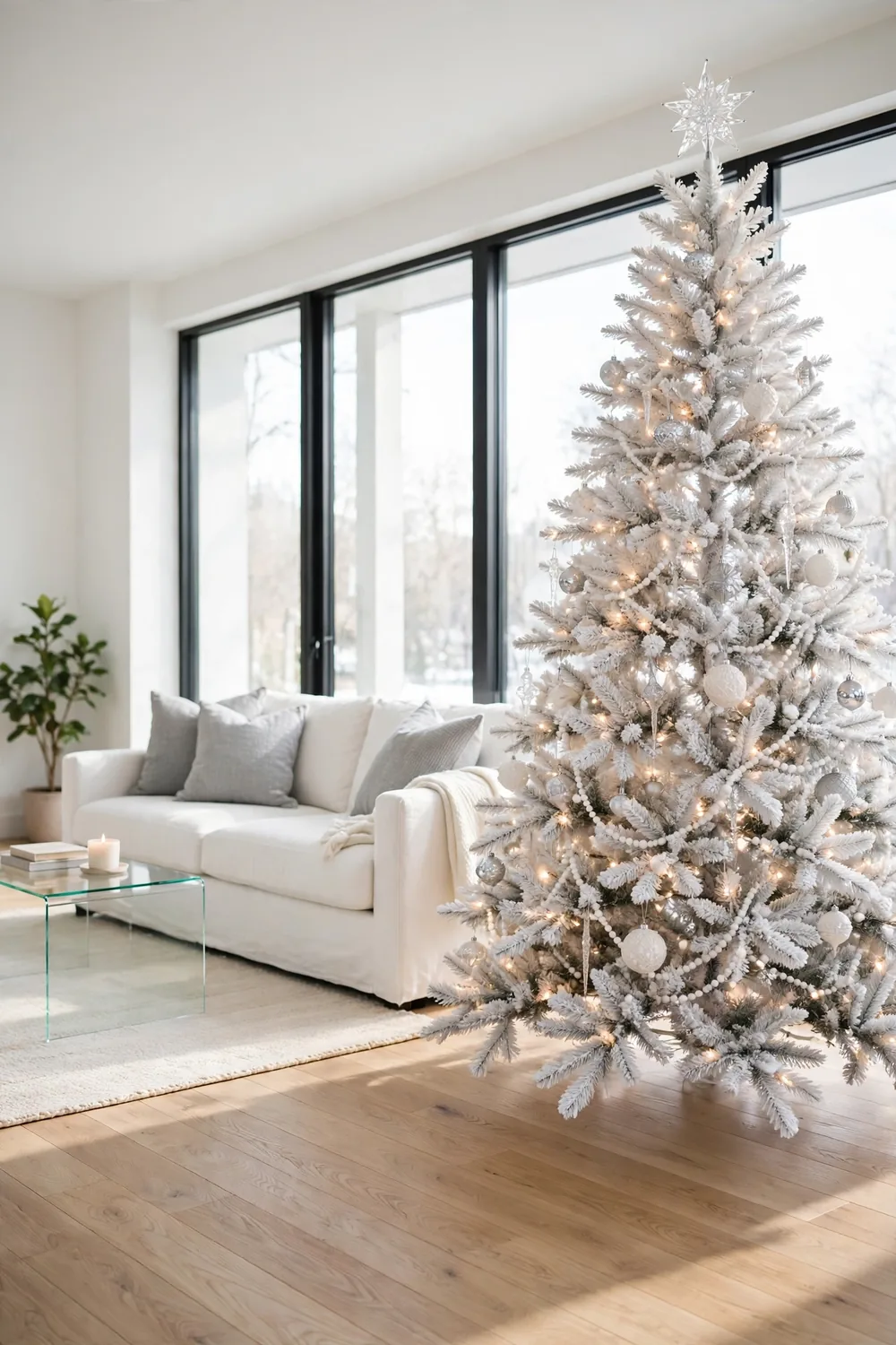 An all-white Christmas tree with silver ornaments, glass icicles, and white beaded garland in a bright modern living room