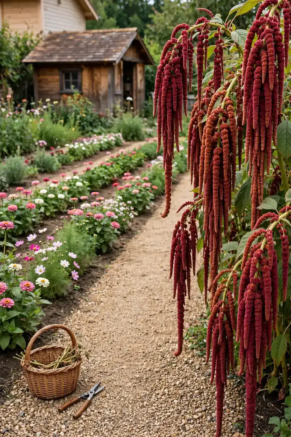 Wine red amaranthus tassels hanging in a cutting garden row