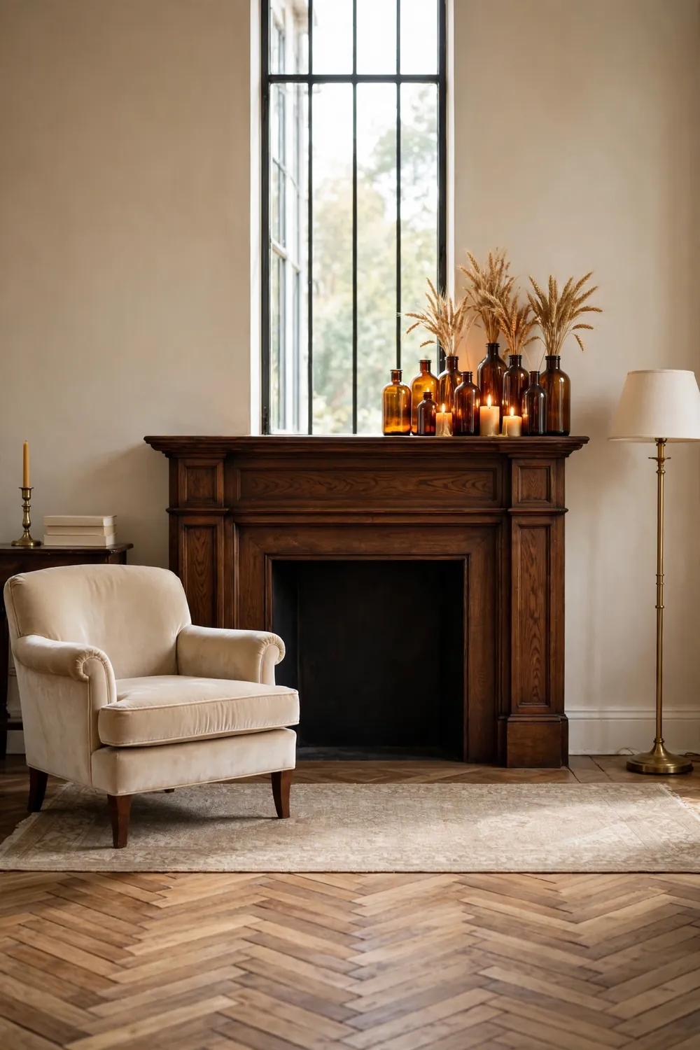 A cluster of amber glass bottles in different shapes with candles tucked between them on a dark wood mantel, glowing honey colored in candlelight