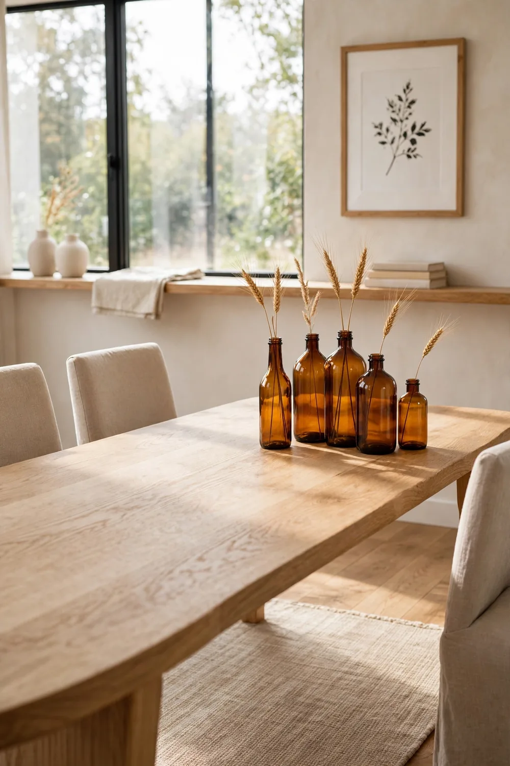 Cluster of amber glass bottles in mixed shapes holding dried wheat and grass stems on a beige minimalist dining table