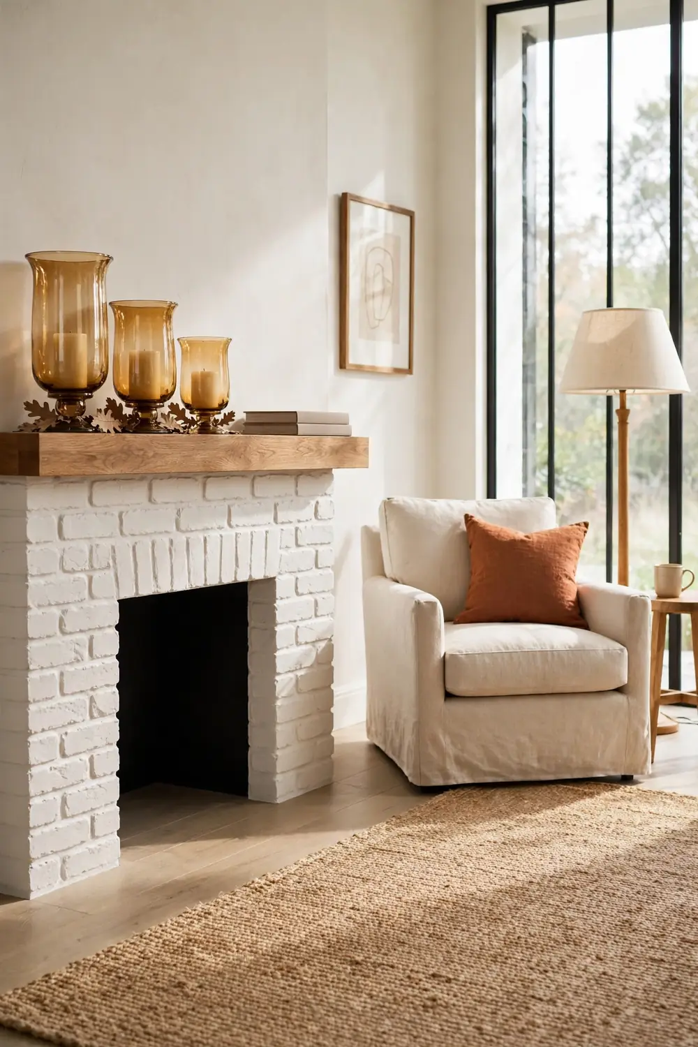 Three amber glass hurricane candle holders in graduated heights on a white mantel with dried oak leaves