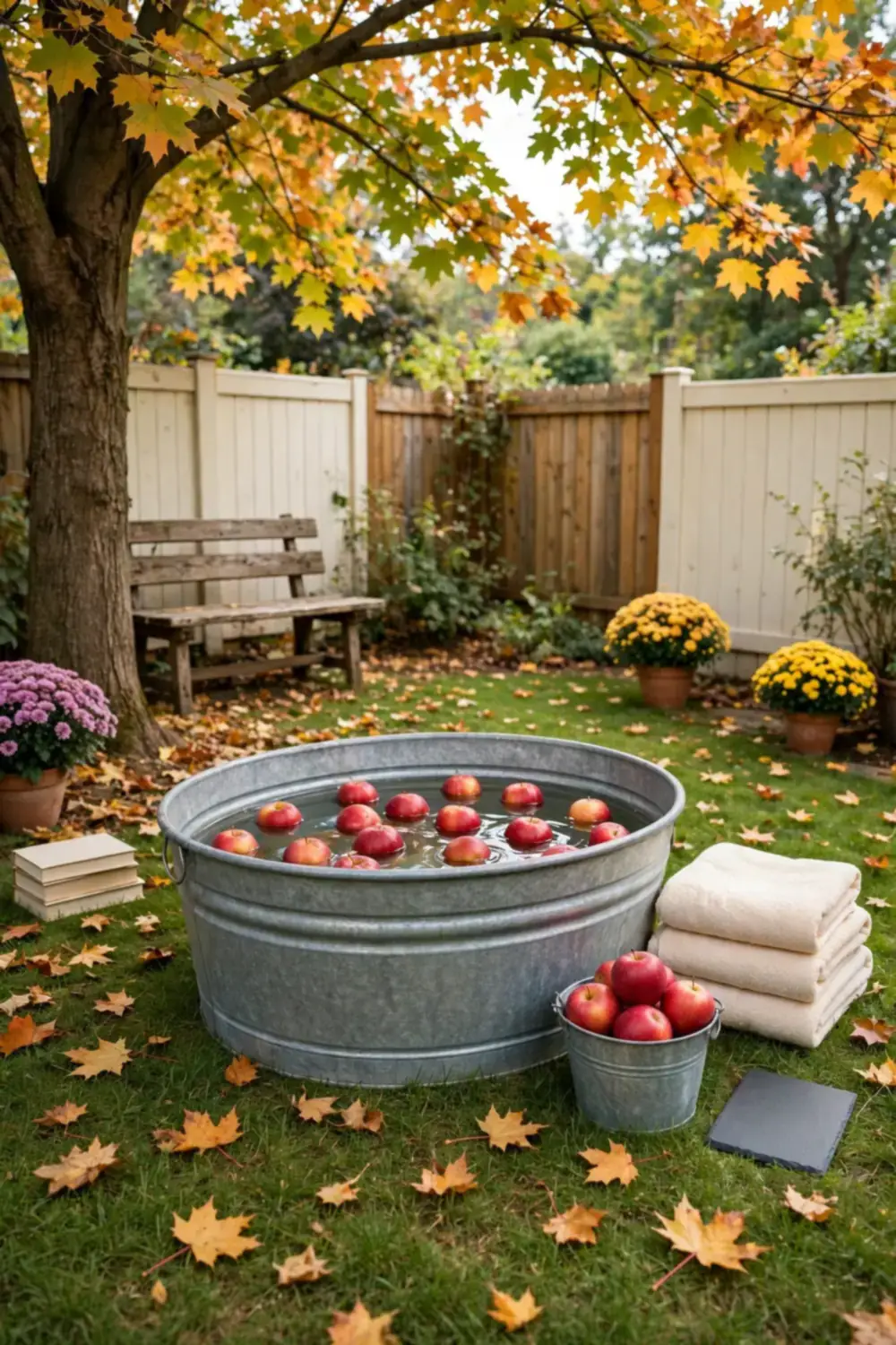 Wide galvanized tub on a green lawn filled with water and floating red apples, with a stack of towels beside it under a maple tree.