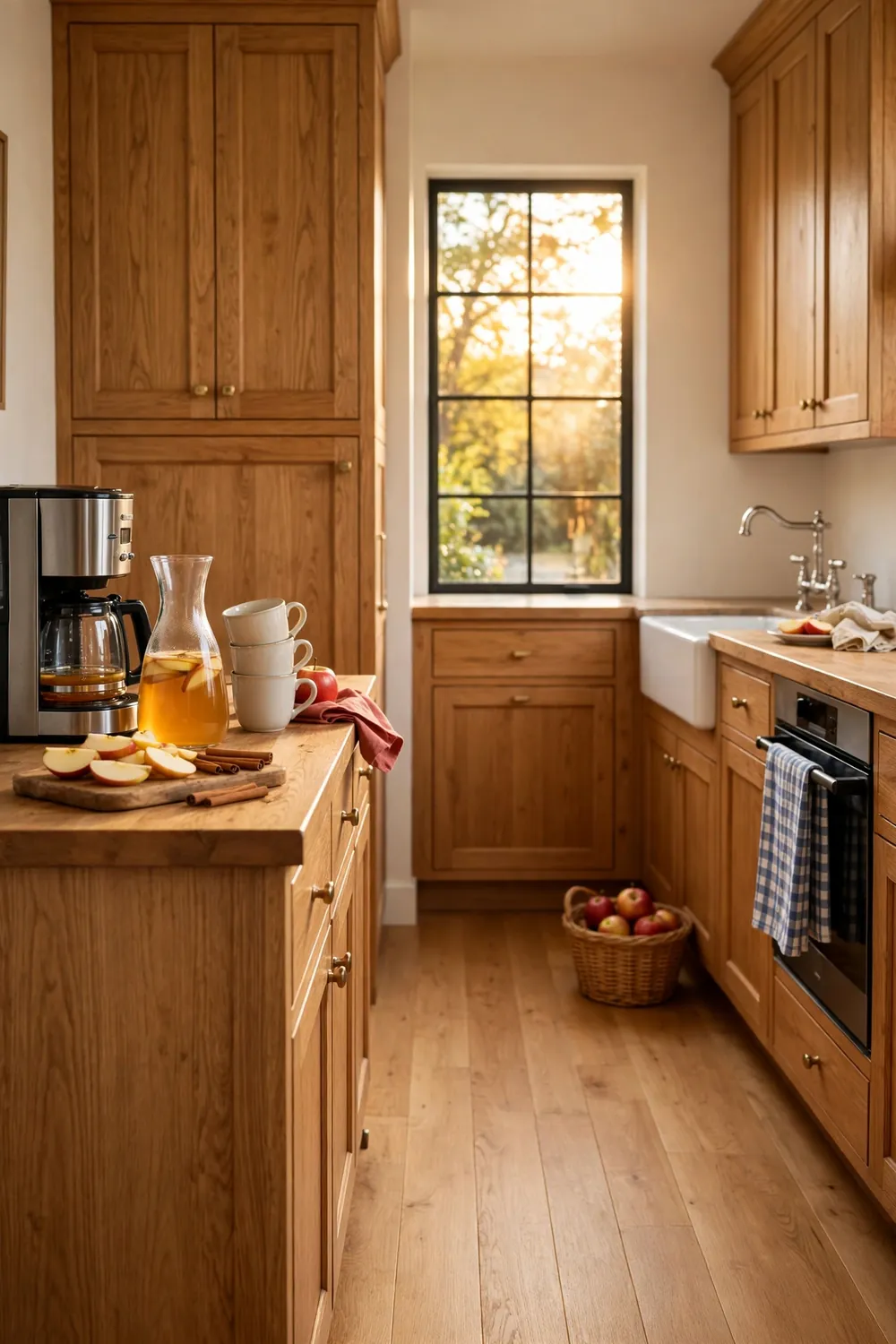 Apple cider and coffee station in a warm wood kitchen at golden hour with a cider carafe, coffee maker, cinnamon sticks, apple slices, and apple red accents.