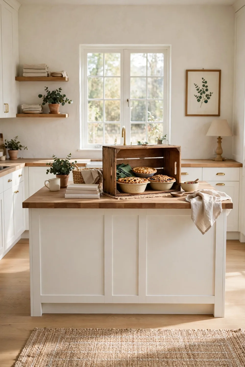 Wooden apple crate turned on its side holding serving bowls and pies