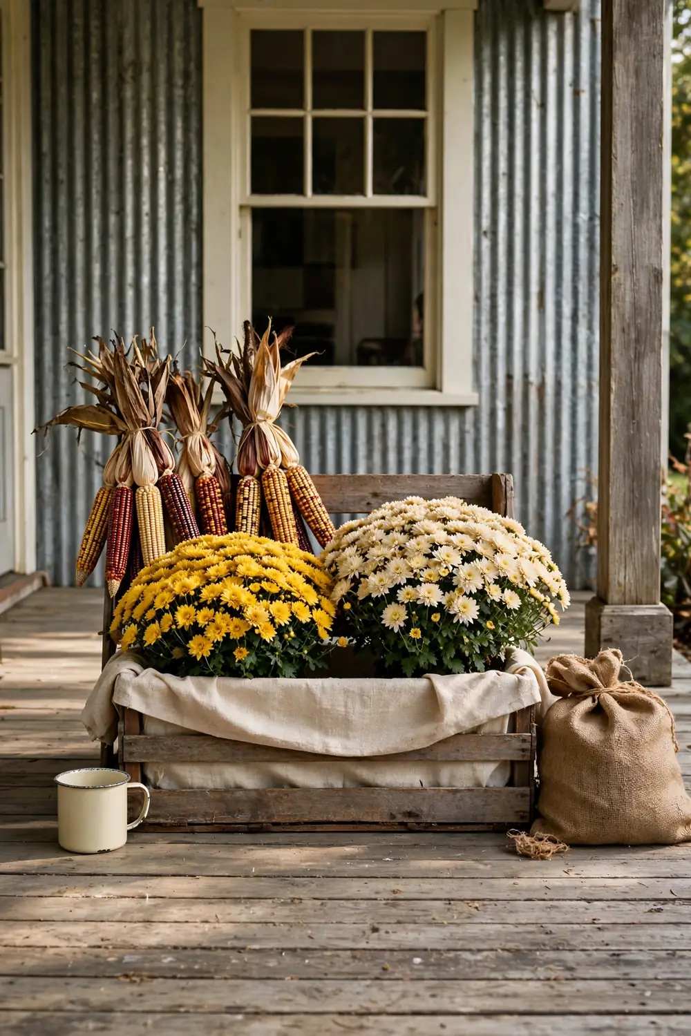Apple crate planted with bushy mums and bundles of colorful Indian corn on a weathered farmhouse porch.