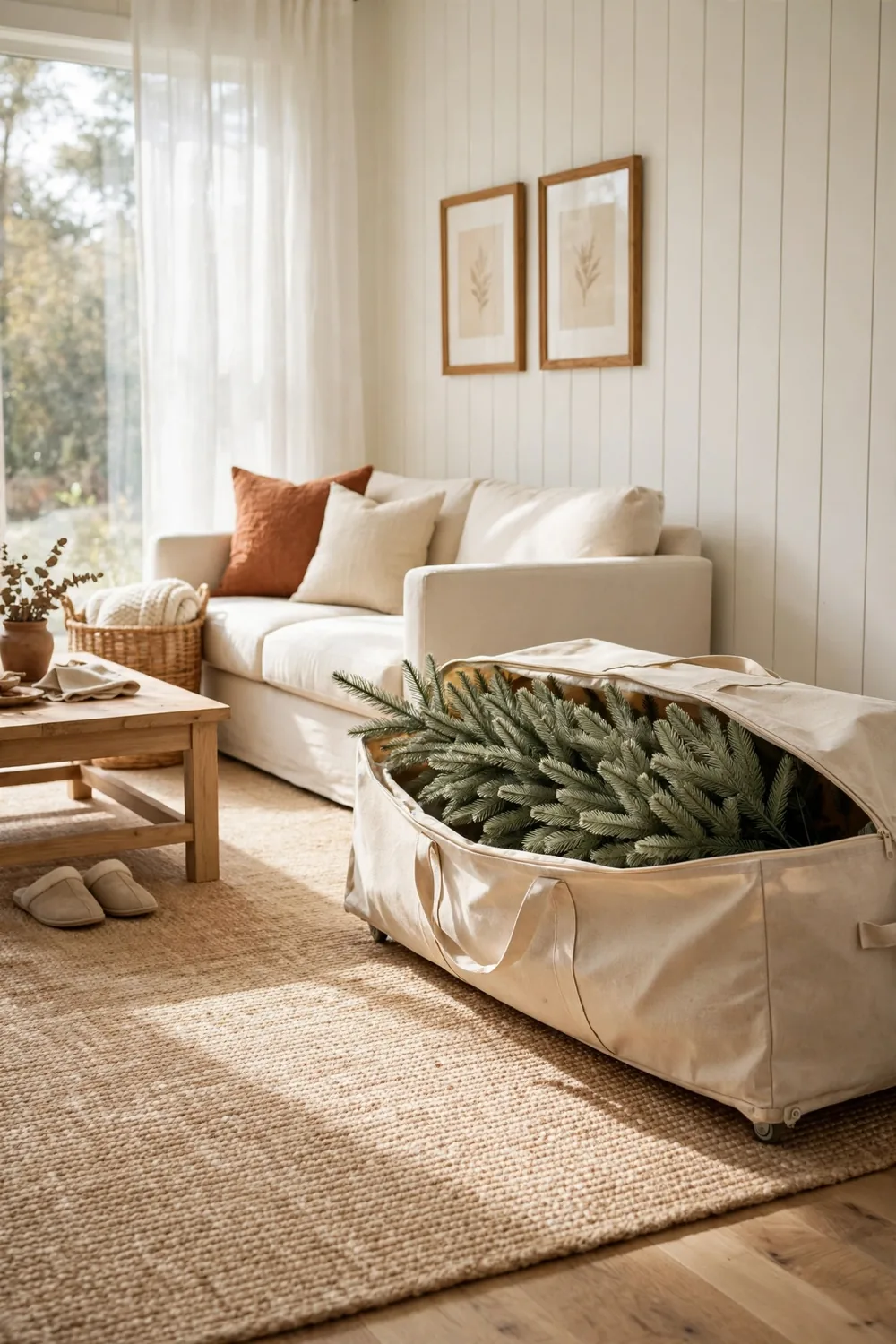 An artificial Christmas tree section resting in a large beige canvas storage bag on a living room rug