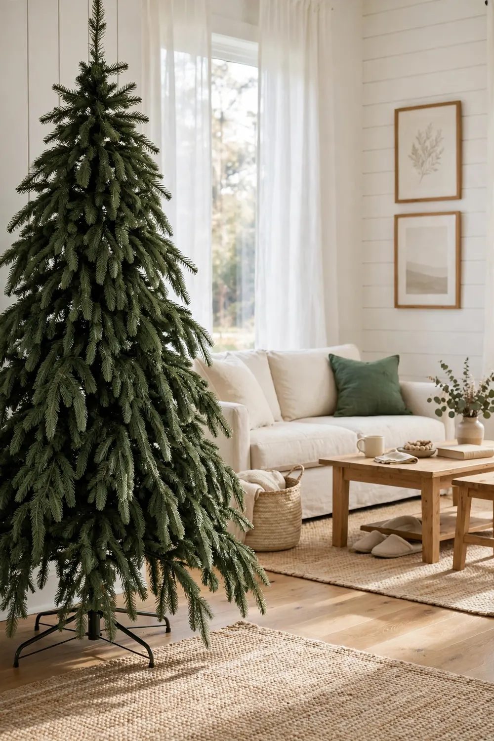 A newly assembled artificial Christmas tree with flat unfolded branches waiting to be fluffed in a living room