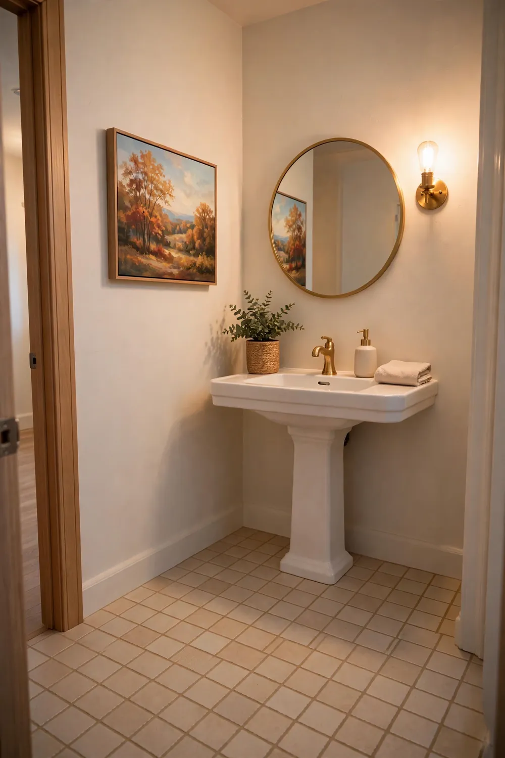 Autumn landscape canvas hanging on a small powder room wall above a sink