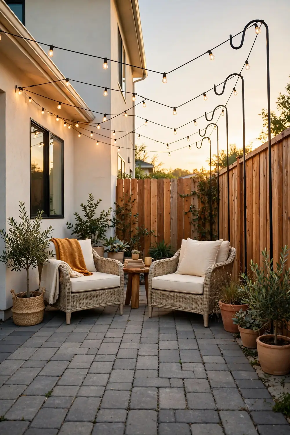 Backyard patio at golden hour with warm white string lights zigzagging overhead between the house and tall shepherd's hooks.