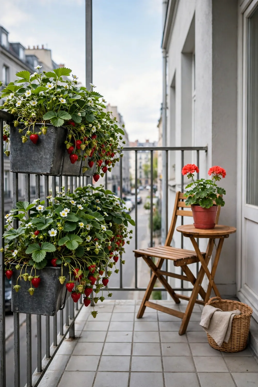 Metal rail planters on a city balcony overflowing with everbearing strawberry plants, white blossoms, and ripening red berries