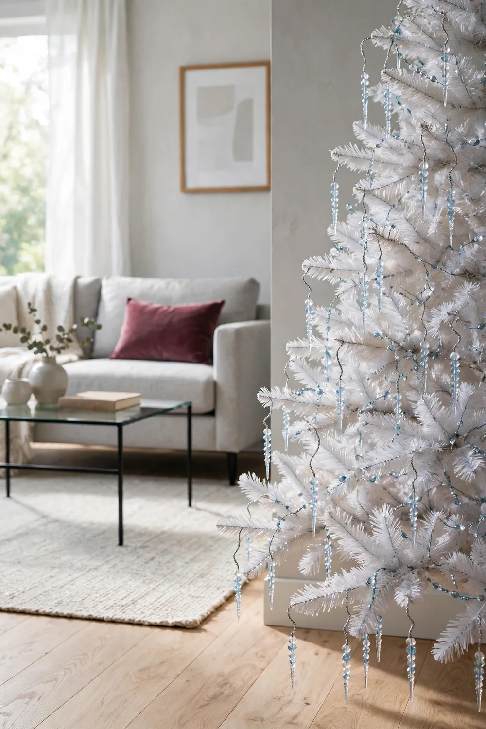 Bead icicle ornaments sparkling on a white Christmas tree in a modern living room