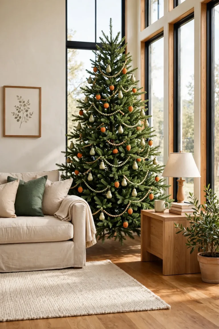 Living room Christmas tree decorated with beaded pear and orange ornaments glowing in bright daylight