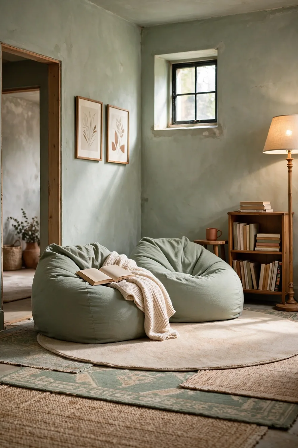 Two large bean bags on a round soft rug beside a small bookshelf and floor lamp in a sage green basement nook