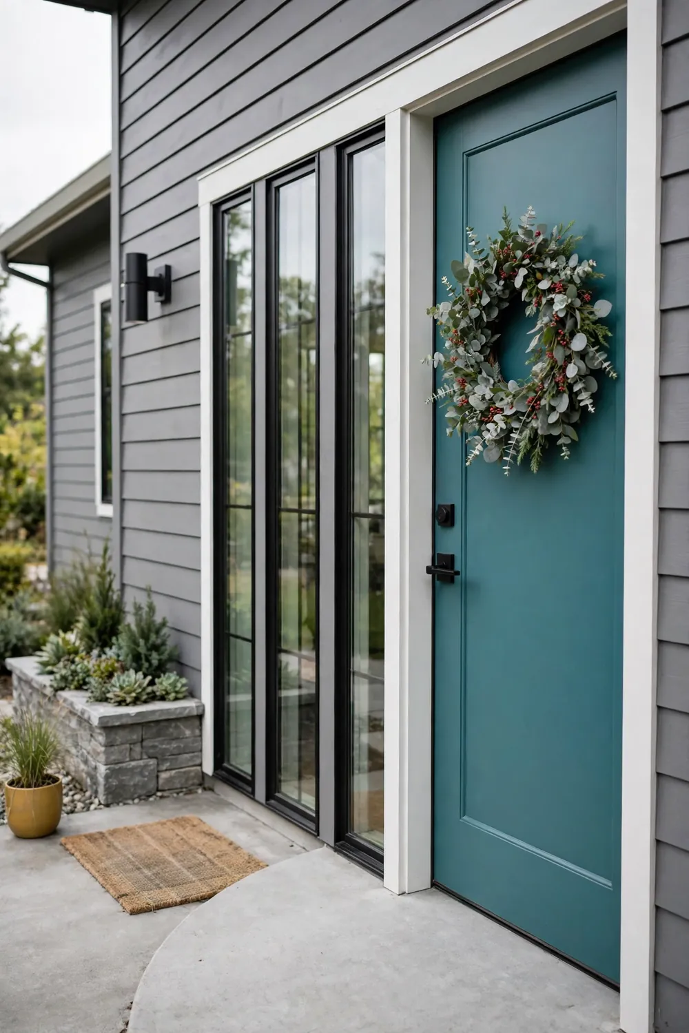 Gray modern home entry with a teal front door and a red berry and eucalyptus wreath hanging at eye level