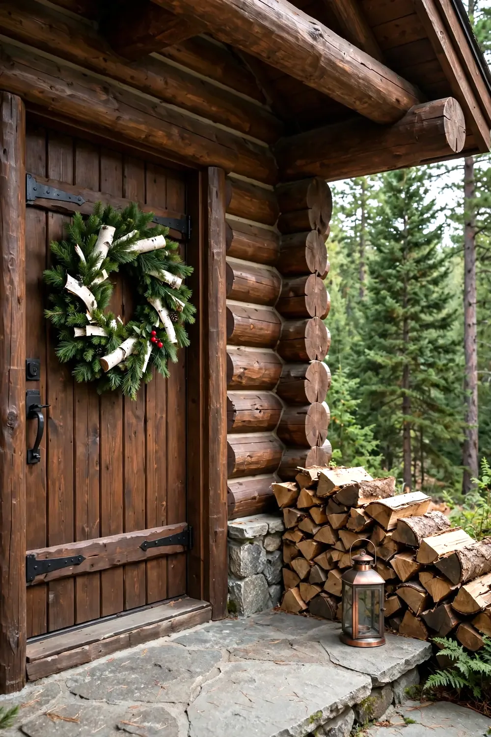 A pine wreath with white birch bark pieces on a heavy timber log cabin door