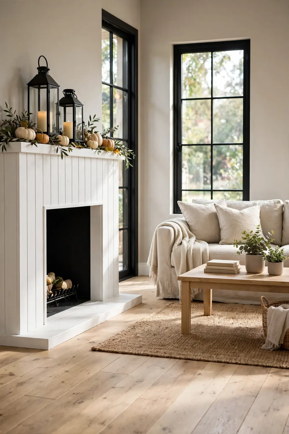 Two black metal lanterns of different sizes holding cream pillar candles on a modern farmhouse mantel surrounded by scattered leaves and small pumpkins