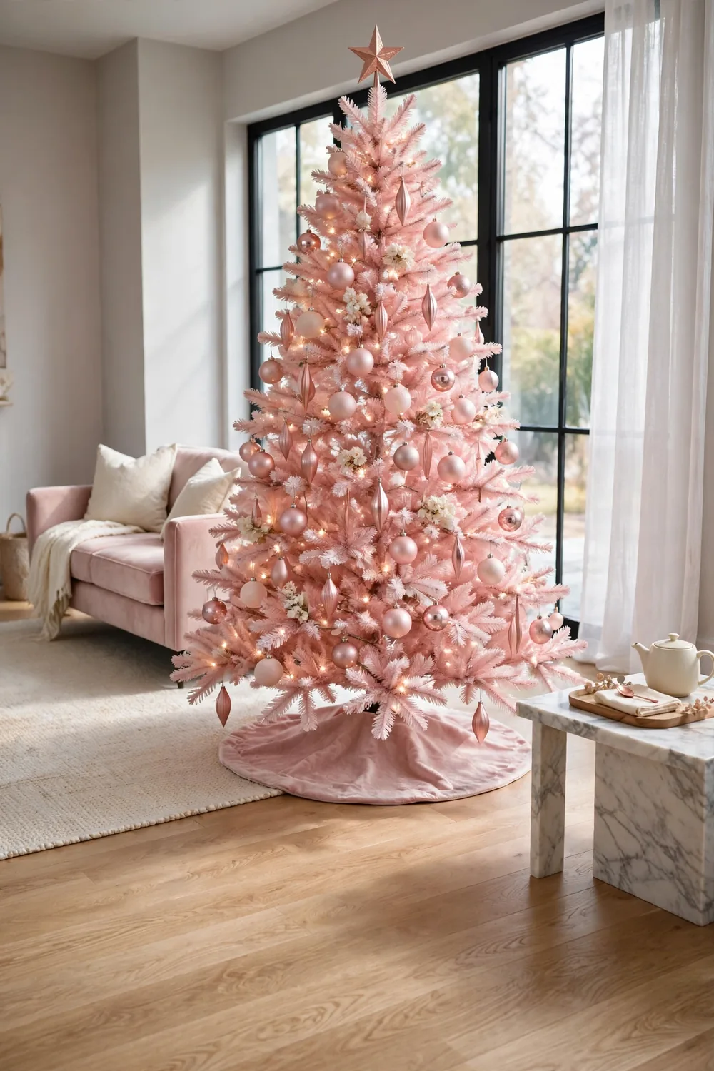A blush Christmas tree with rose gold metallic ornaments and white flowers in a soft modern living room