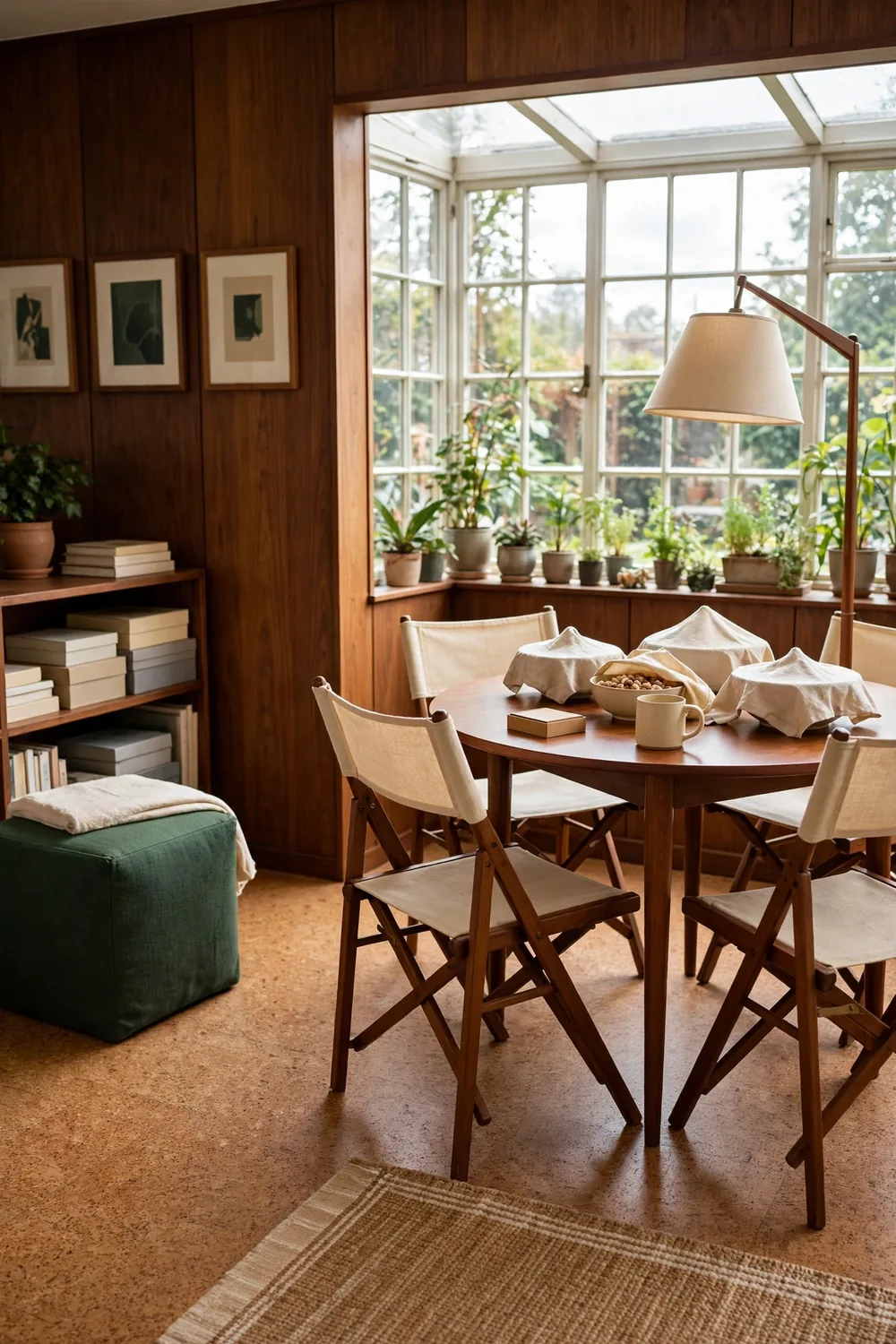 Round card table with four folding chairs and a floor lamp in a warm mid-century bonus room with a walnut panel wall