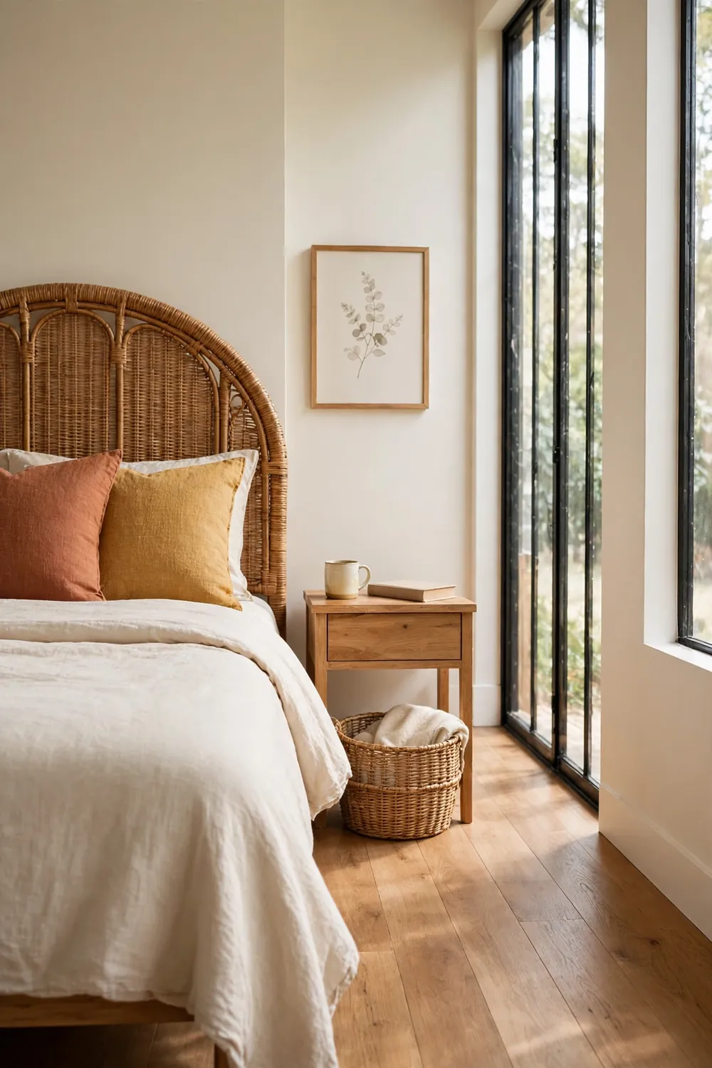 Arched rattan headboard on a bed with cream sheets and rust pillows in a bright farmhouse bedroom