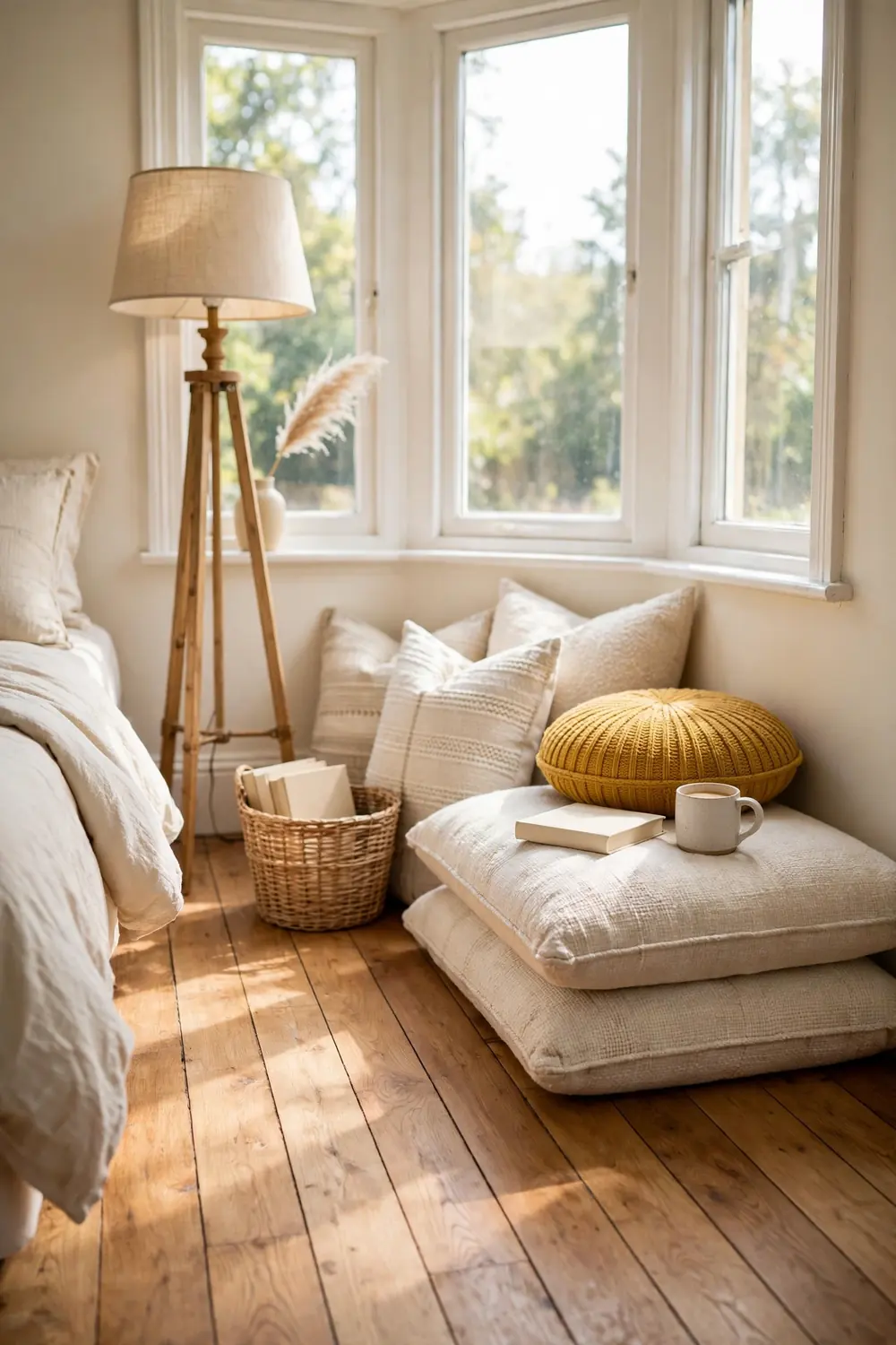 Stacked floor cushions and throw pillows by a bay window forming a cozy reading nook