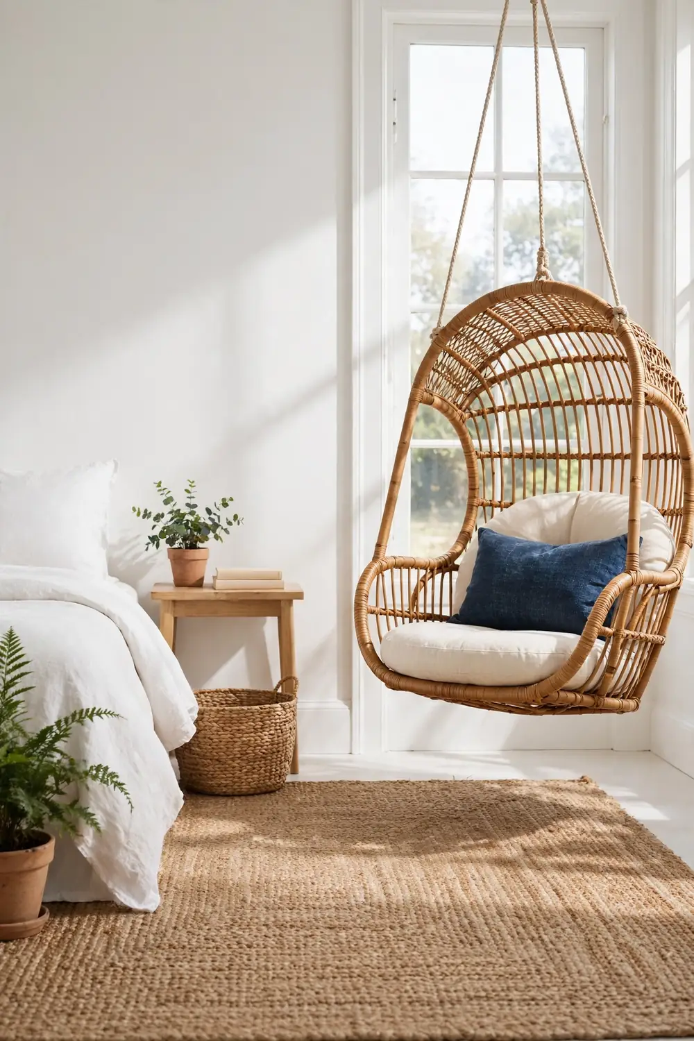 Rattan hanging chair with round cushion beside a bright window in a white coastal boho bedroom
