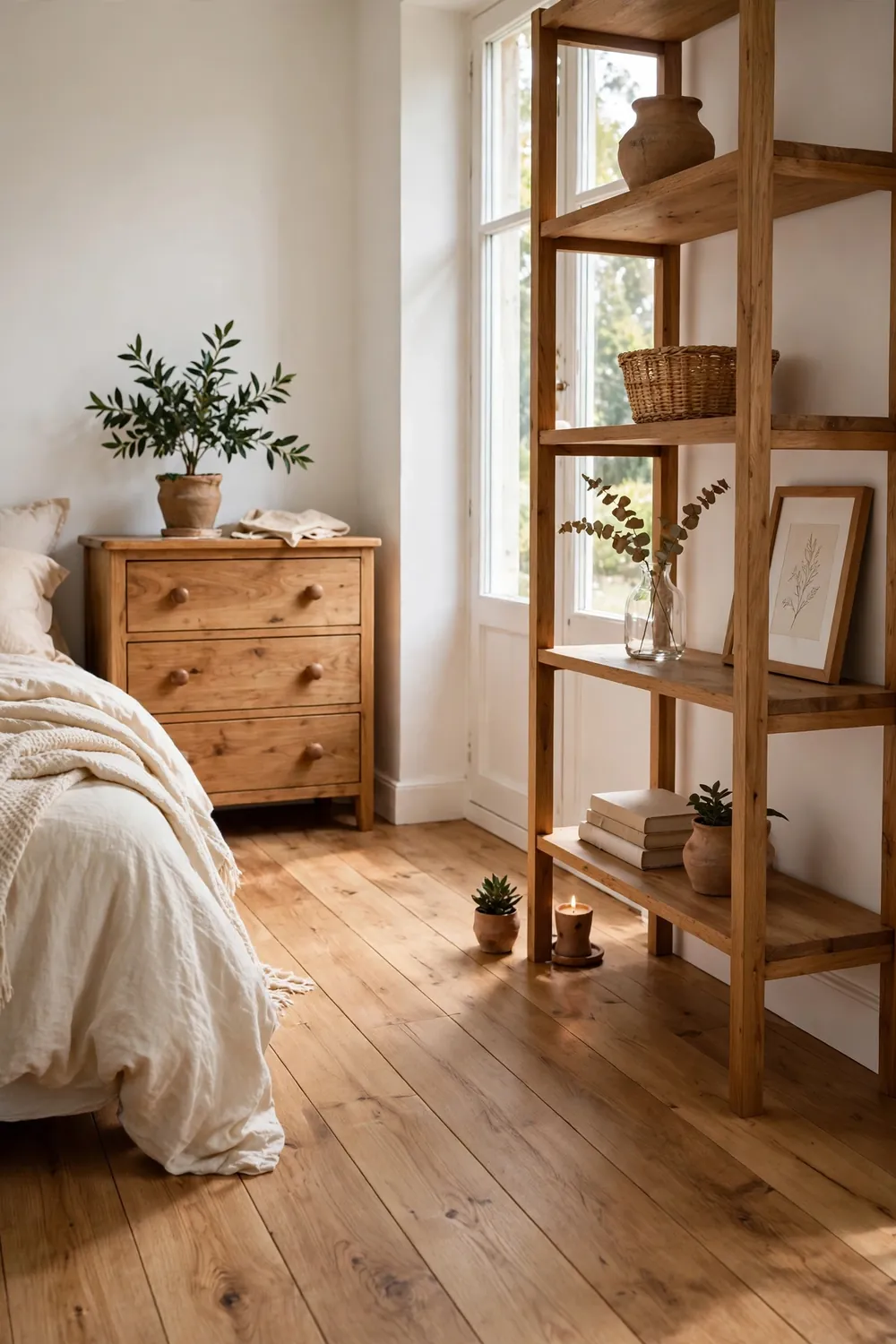 Open wood shelves styled with pottery, woven baskets, and small framed prints in a bedroom