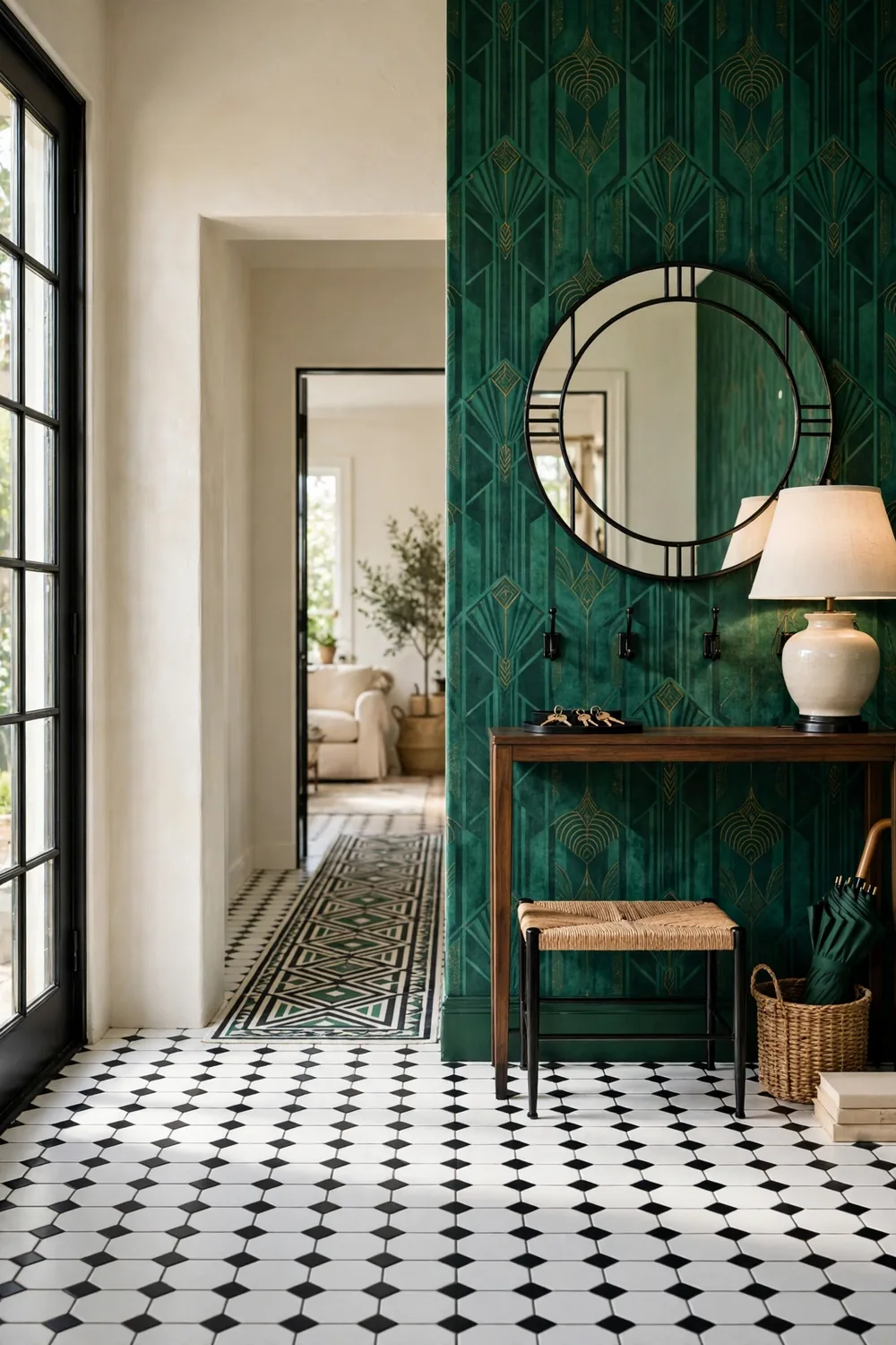Bold art-deco entryway with dramatic emerald wallpaper, a big round mirror over a styled console, and a patterned runner