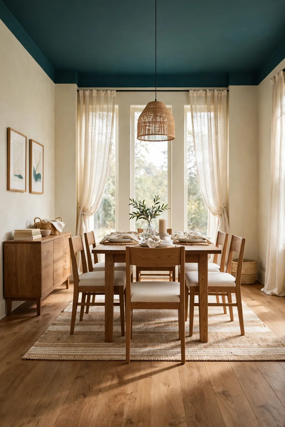 Elegant dining room with a deep teal painted ceiling, cream walls, oak floor, and tall windows in daylight