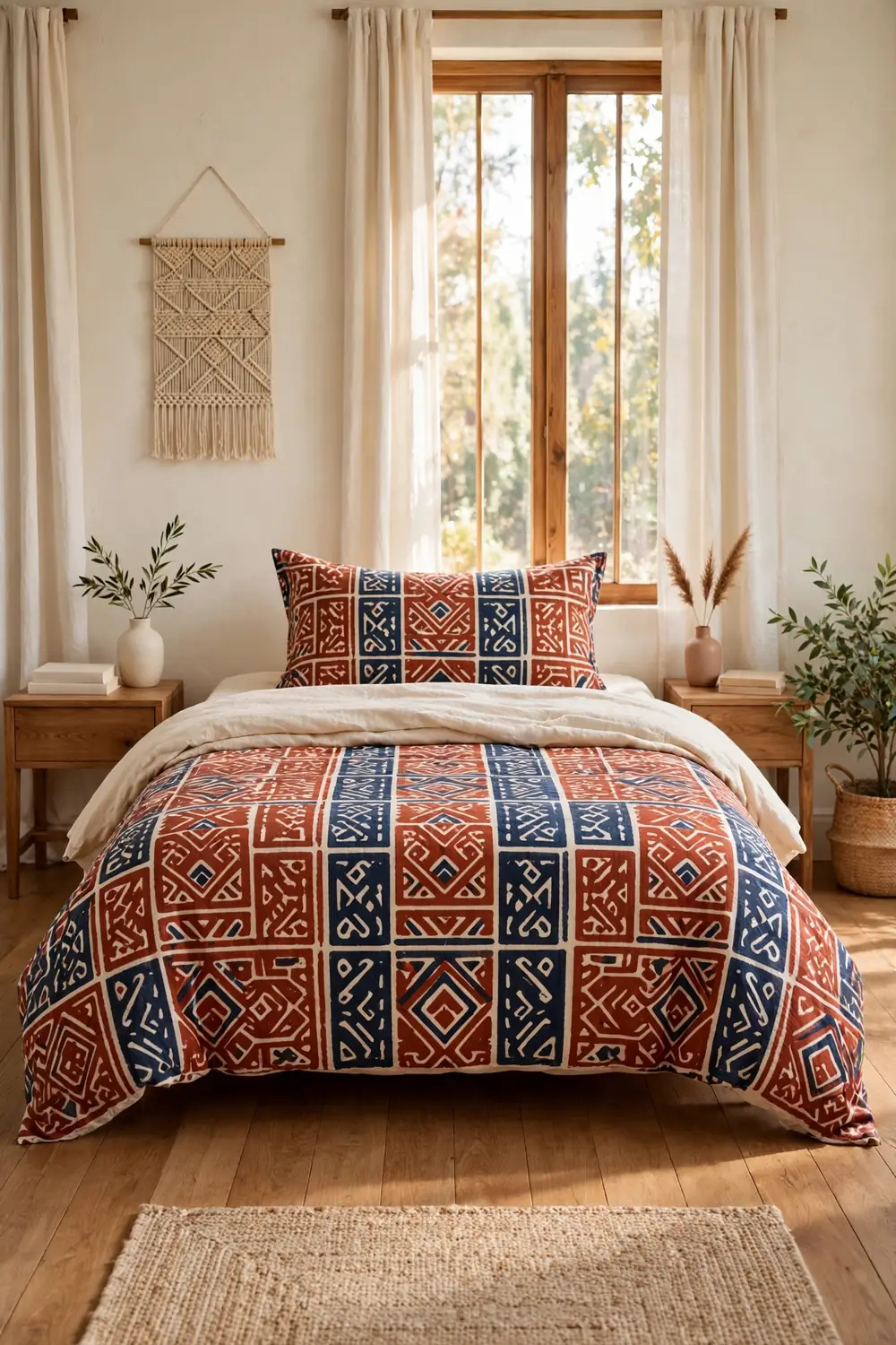 Bed with bold global print duvet, solid sheets, and matching lumbar pillow in a bright bedroom