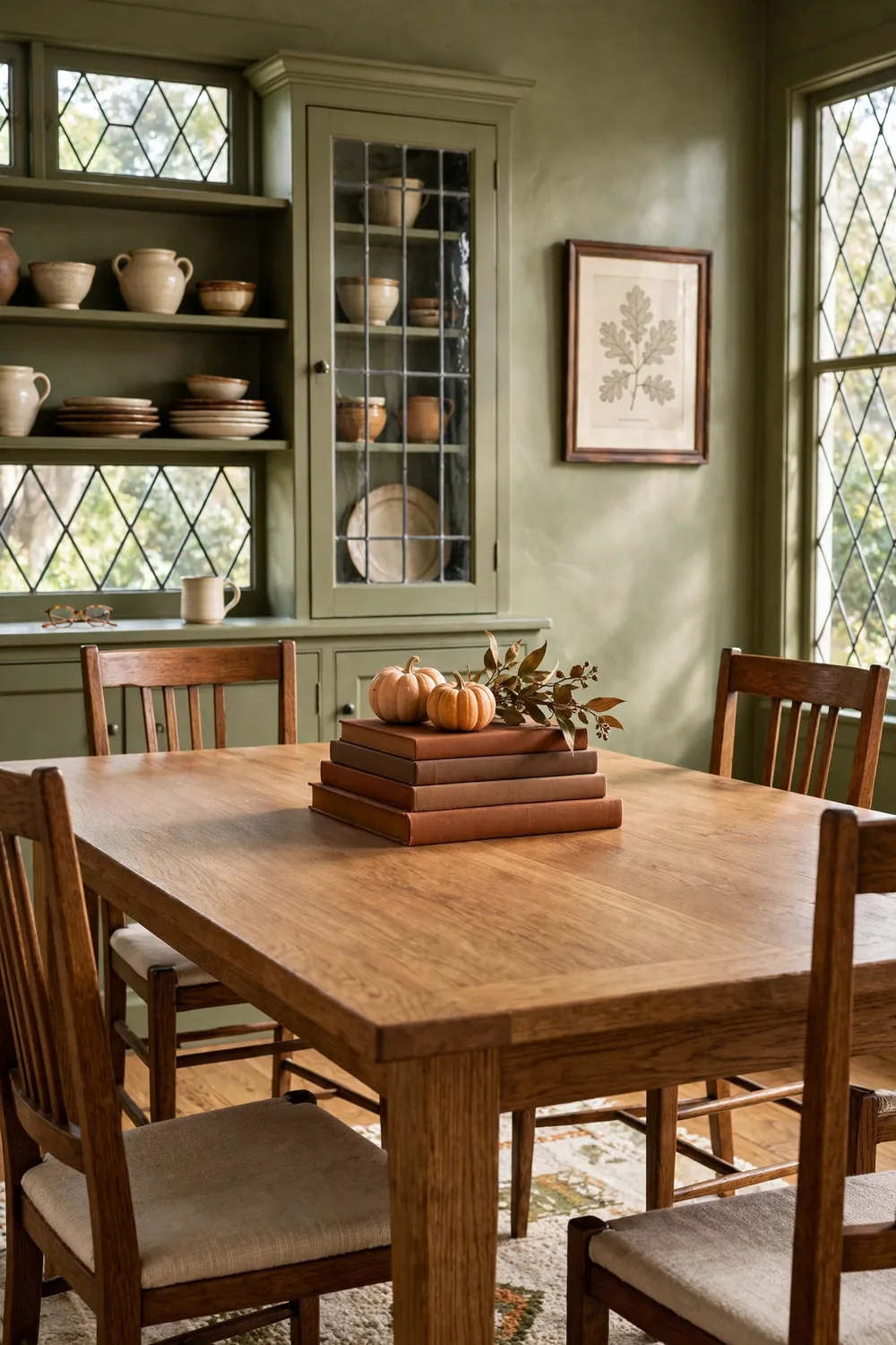Stack of hardcover books with plain spines topped with two mini pumpkins and dried leaves on a craftsman dining table