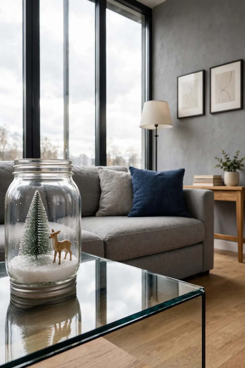 Bottle brush Christmas tree snow globe inside a mason jar with fake snow on a modern coffee table