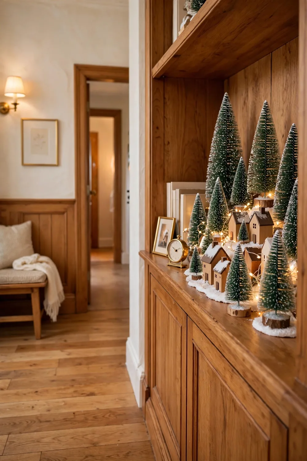 Bottle brush tree village with frosted trees and tiny wood houses glowing with fairy lights on a hallway shelf