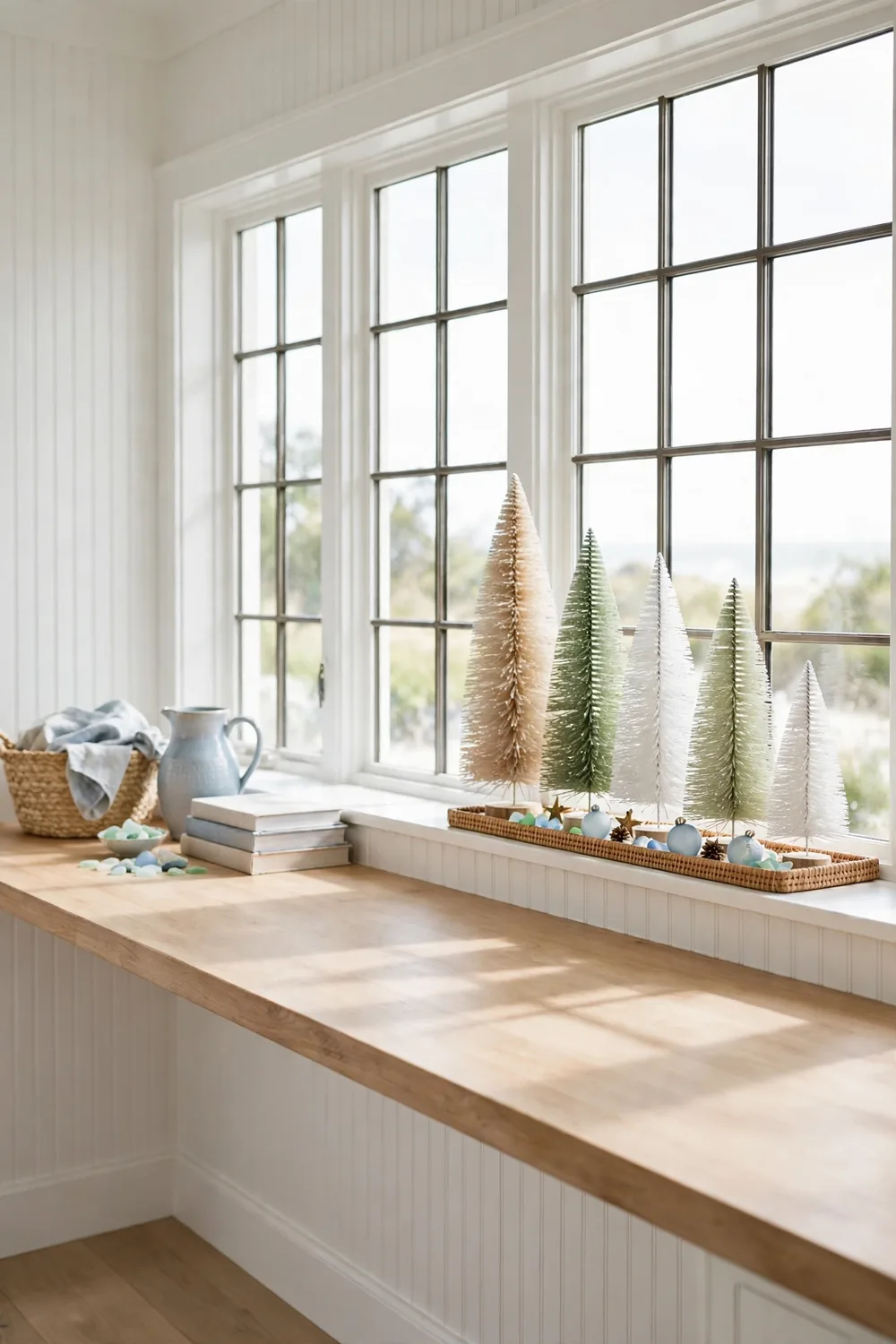Row of bottle-brush Christmas trees in white, green, and champagne lined up on a kitchen windowsill