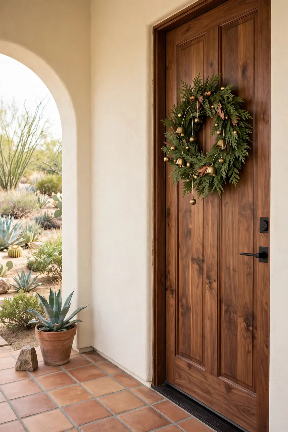 A cedar wreath with small brass bells on a walnut wood door of a cream stucco home