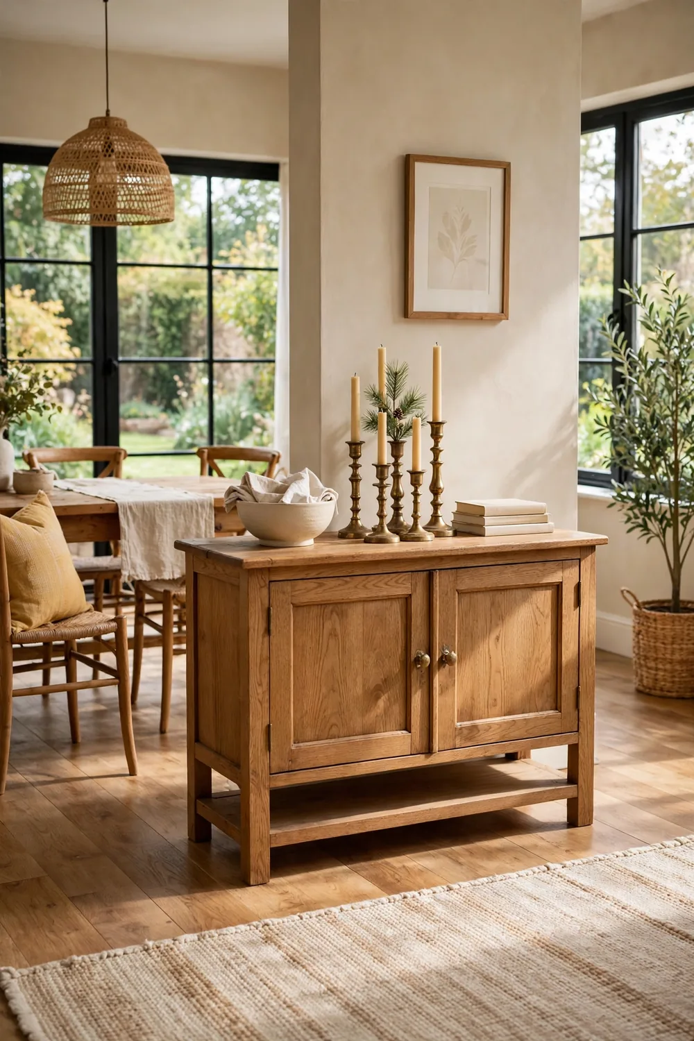 Thrifted brass candlesticks of mixed heights with cream tapers styled on an oak dining room sideboard