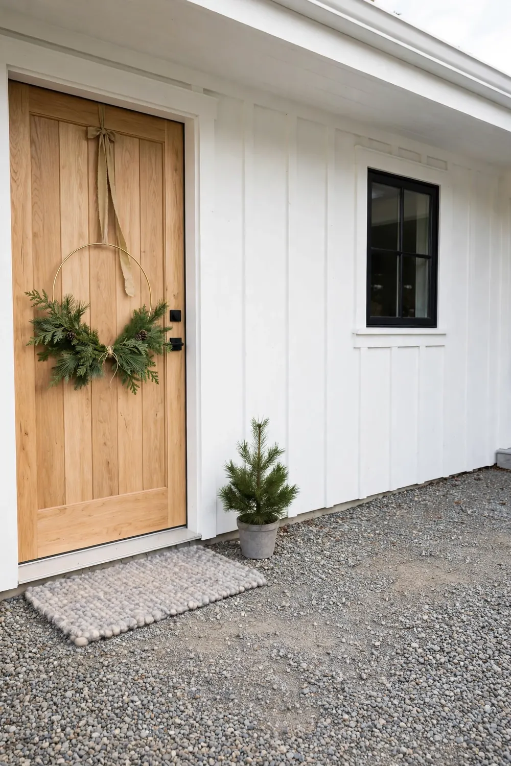 A thin brass hoop wreath with cedar sprigs on the lower half, hung on a light oak door
