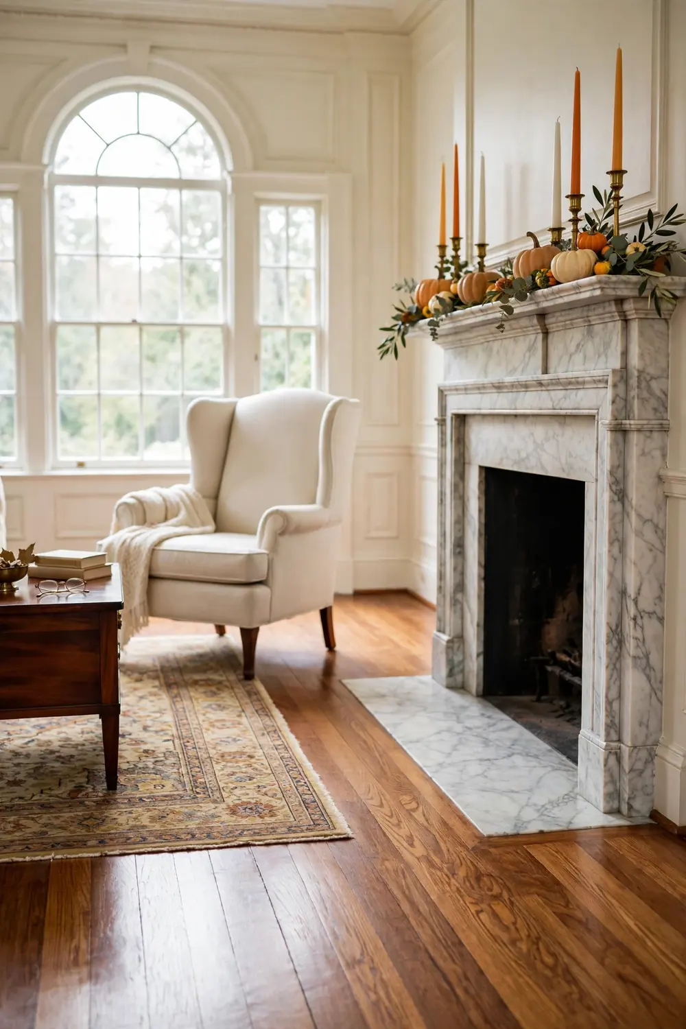 Tall tapers in brass holders in orange and cream down the length of a colonial revival marble fireplace mantel with leaves and small gourds at their bases