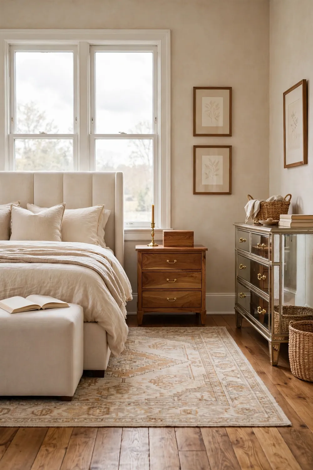 Brass candlestick and wooden box styled together on a beige bedroom nightstand