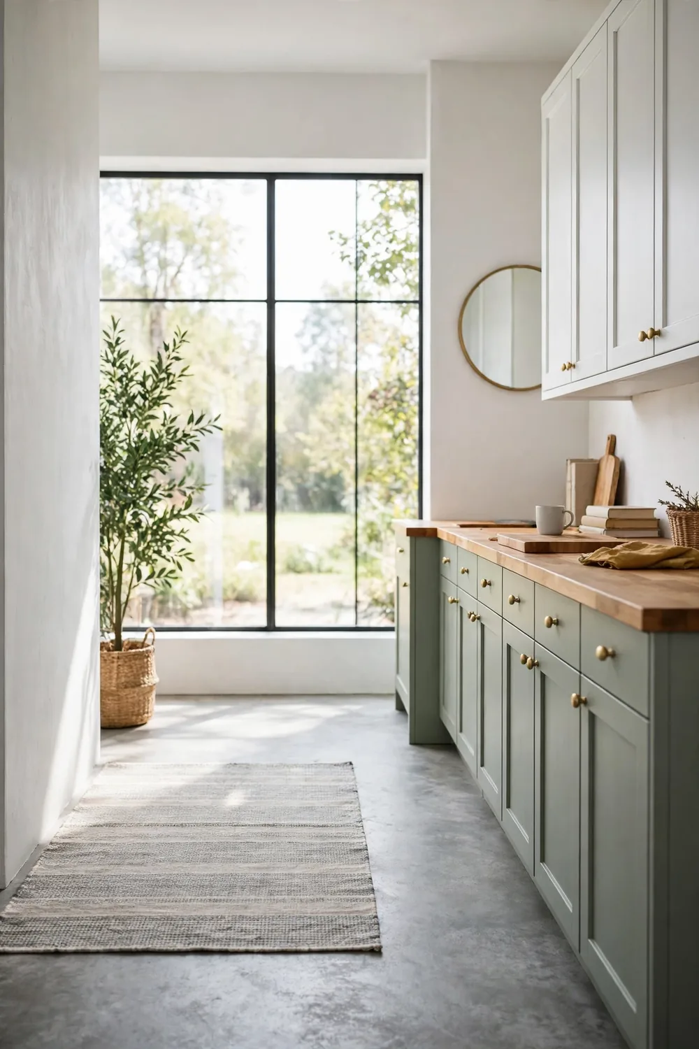 Modern gray farmhouse kitchen with warm butcher block counters, white walls, and a wide picture window