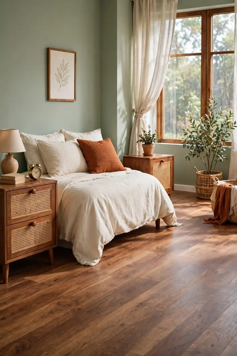 Pair of warm wood nightstands with cane webbing fronts styled with lamp, book, and plant