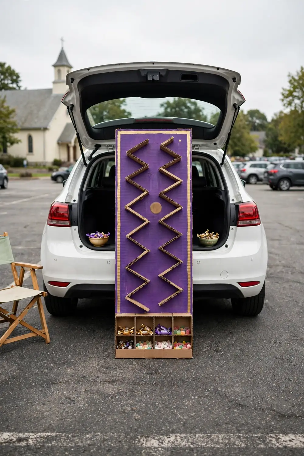 A white hatchback trunk with a purple cardboard plinko board with pegs and prize slots at the bottom