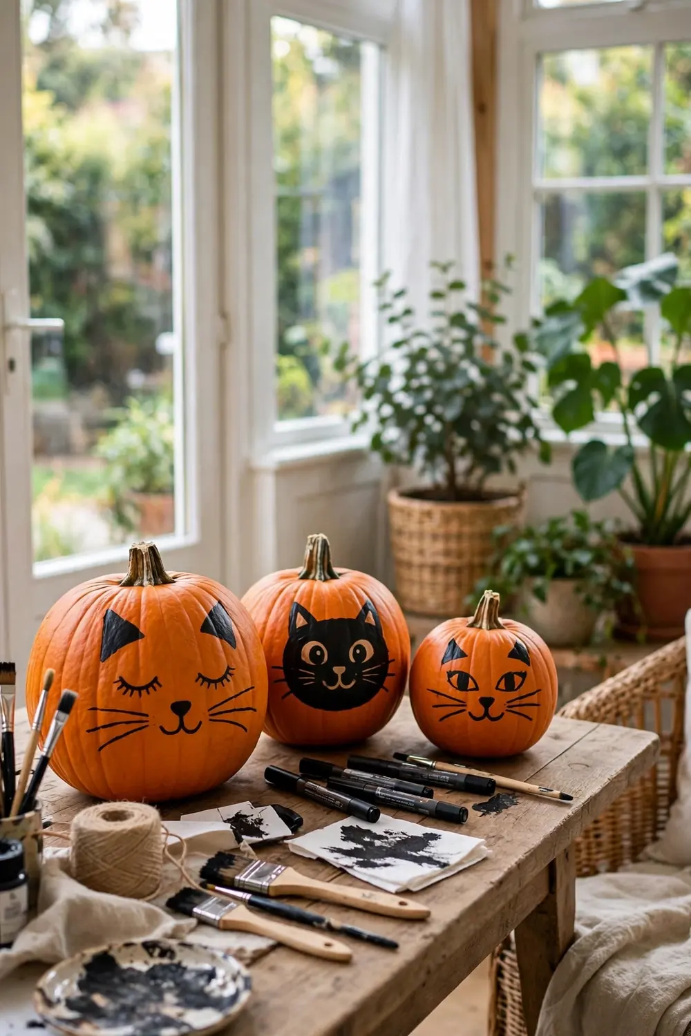 Black cat faces painted on orange pumpkins in a bright sunroom