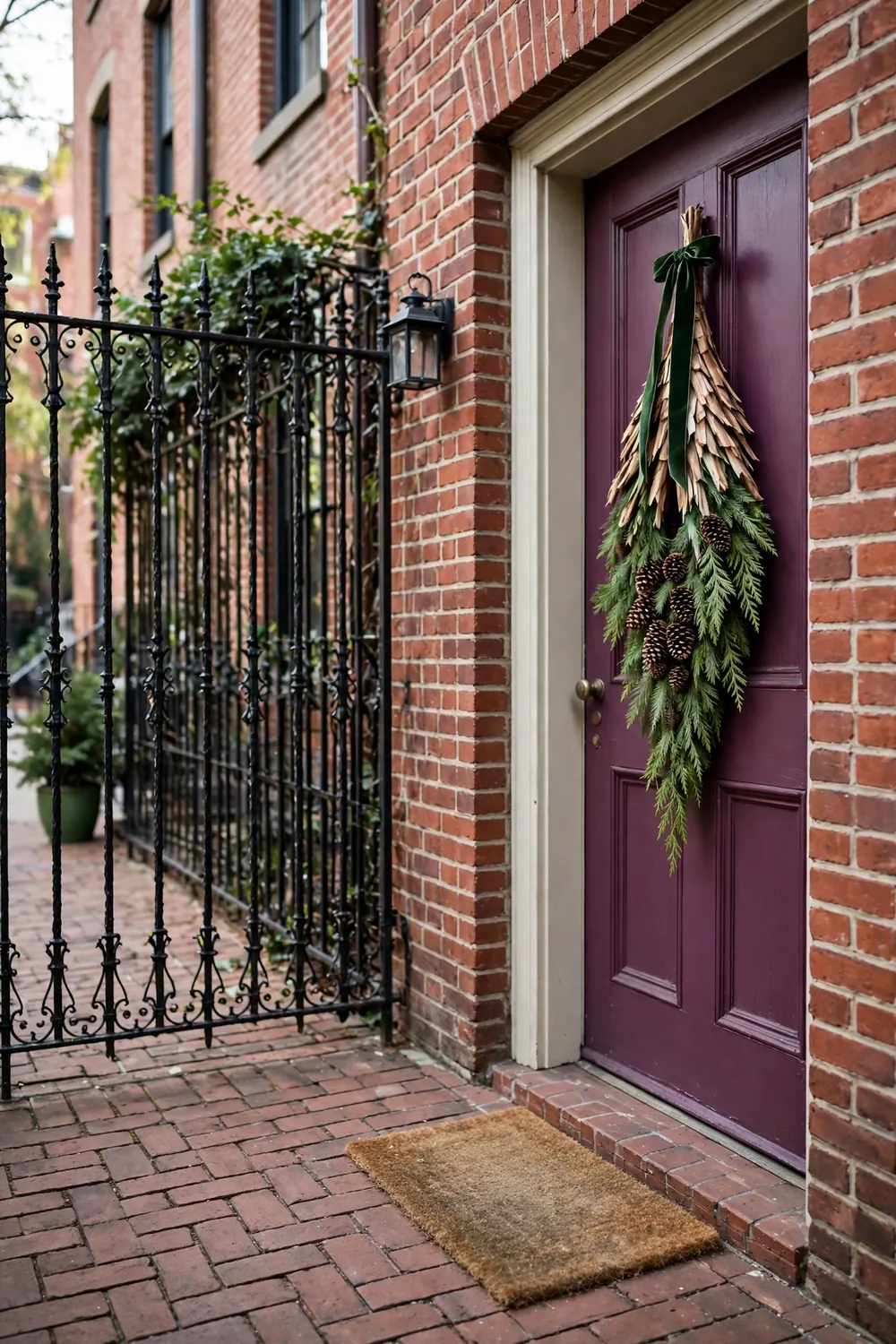 A teardrop cedar swag with pinecones hanging on a plum-colored city rowhouse door