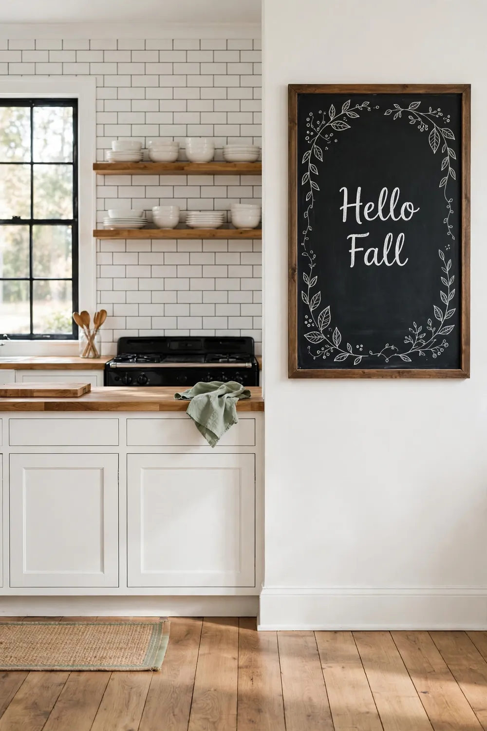 Framed chalkboard with a fall saying hanging on a farmhouse kitchen wall